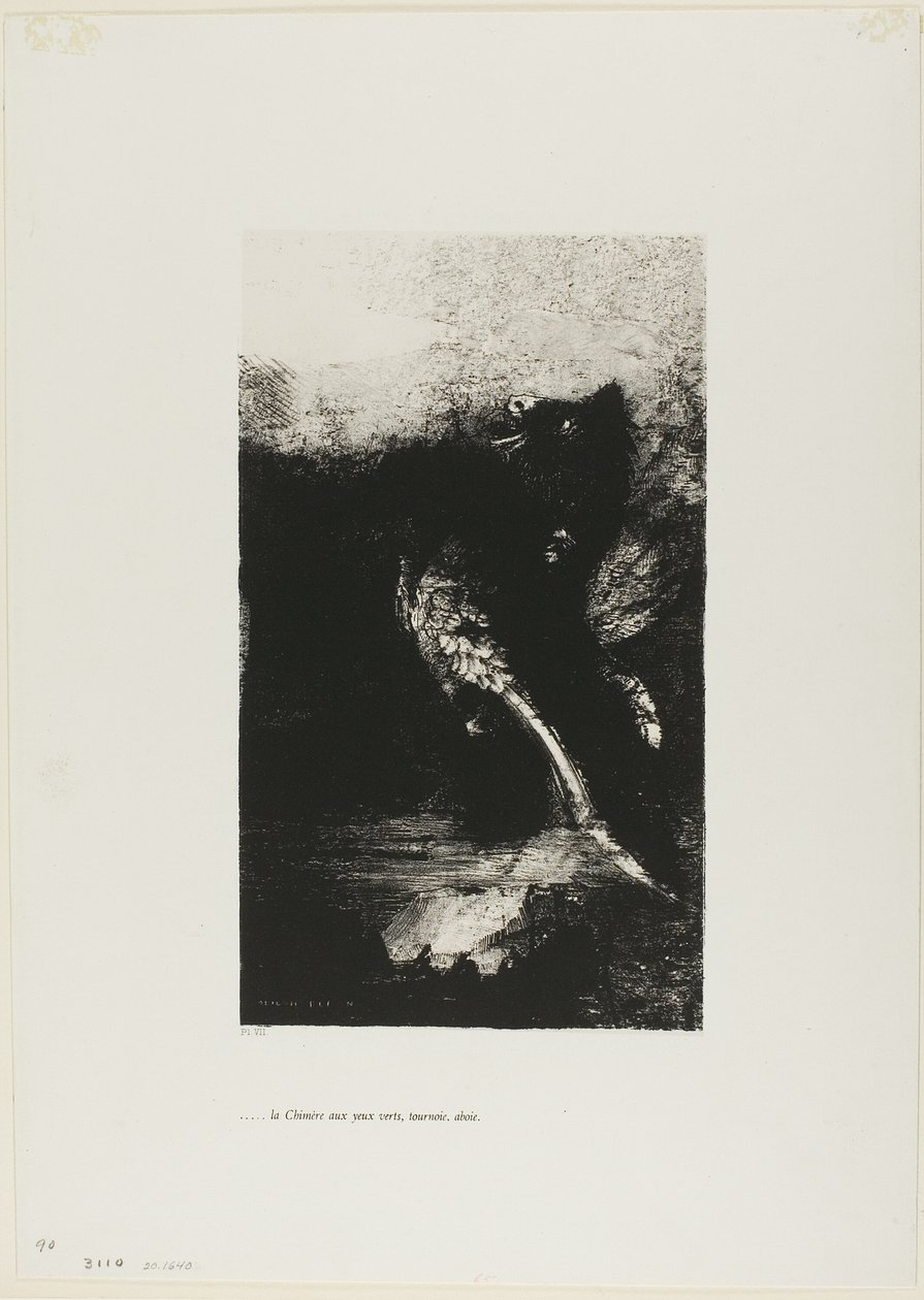 La Quimera con ojos verdes se vuelve, ladra, lámina 7 de La tentación de San Antonio (1ª serie) de Odilon Redon