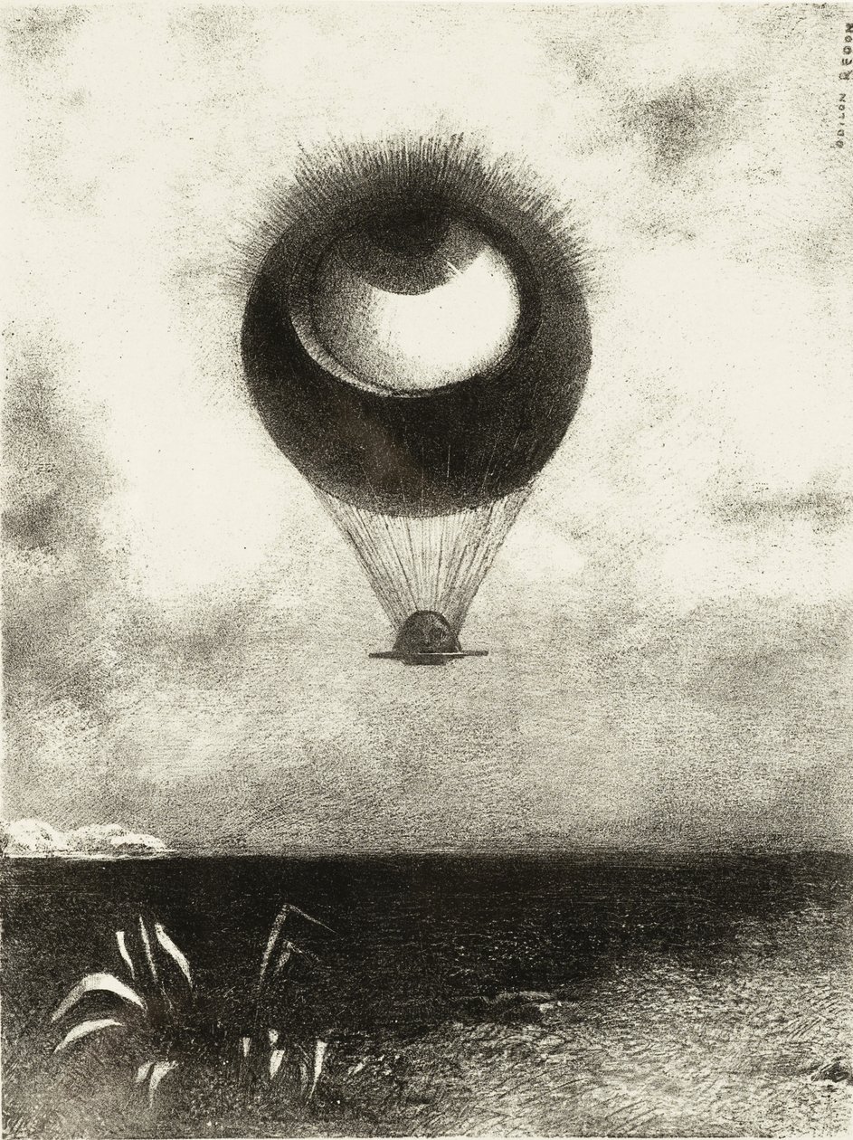 El ojo, como un extraño globo, se eleva hacia el infinito. Serie: Para Edgar Poe, 1882 de Odilon Redon