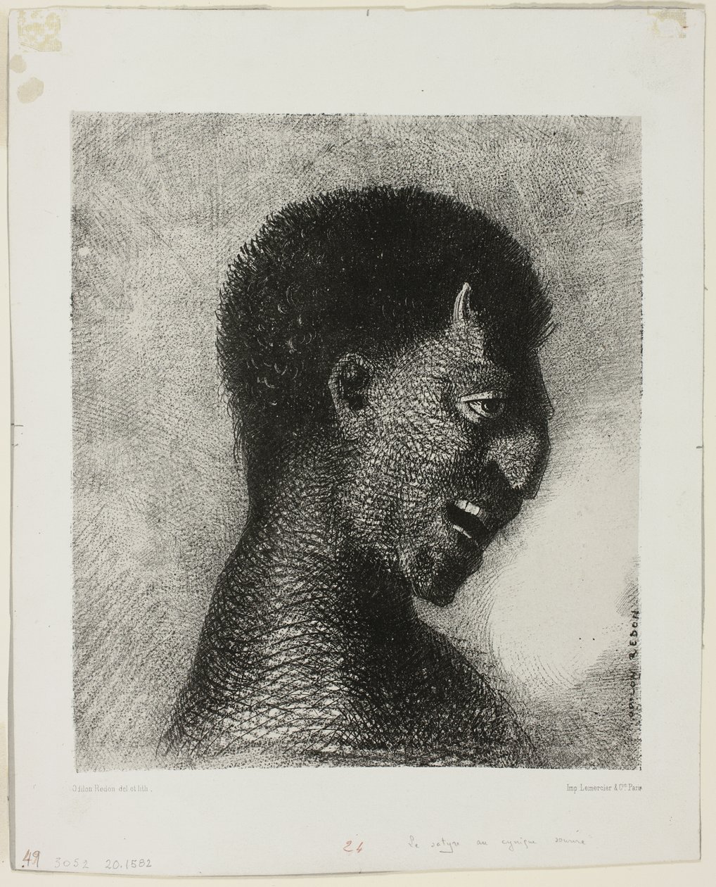 El sátiro con la sonrisa cínica, placa 5 de 8 de "Los orígenes" de Odilon Redon