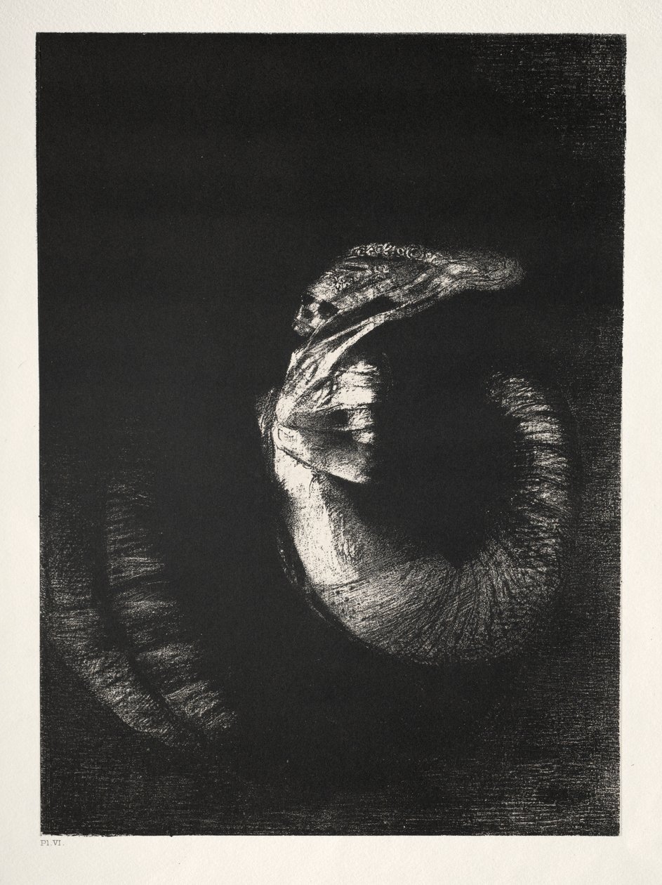 La tentación de San Antonio Primera serie: Es un cráneo coronado con rosas..., 1888 de Odilon Redon