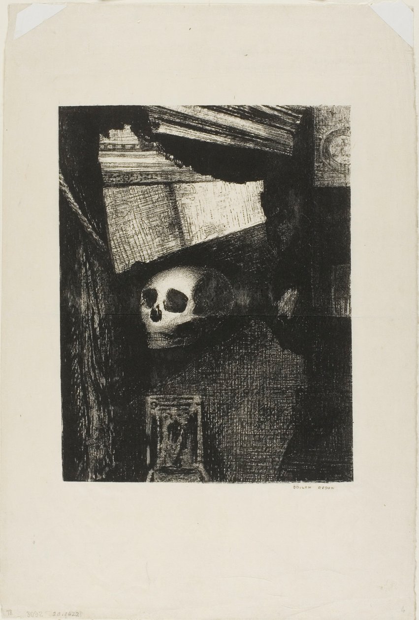 A través de una abertura en la pared, apareció un cráneo, lámina 1 de Le Jure de Edmond Picard de Odilon Redon