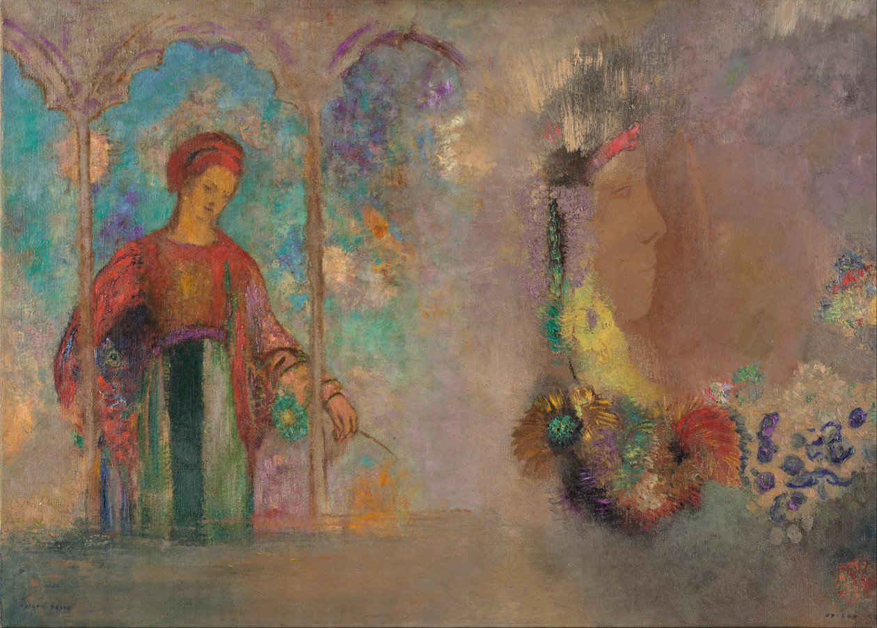 Mujer en una galería gótica: mujer con flores de Odilon Redon