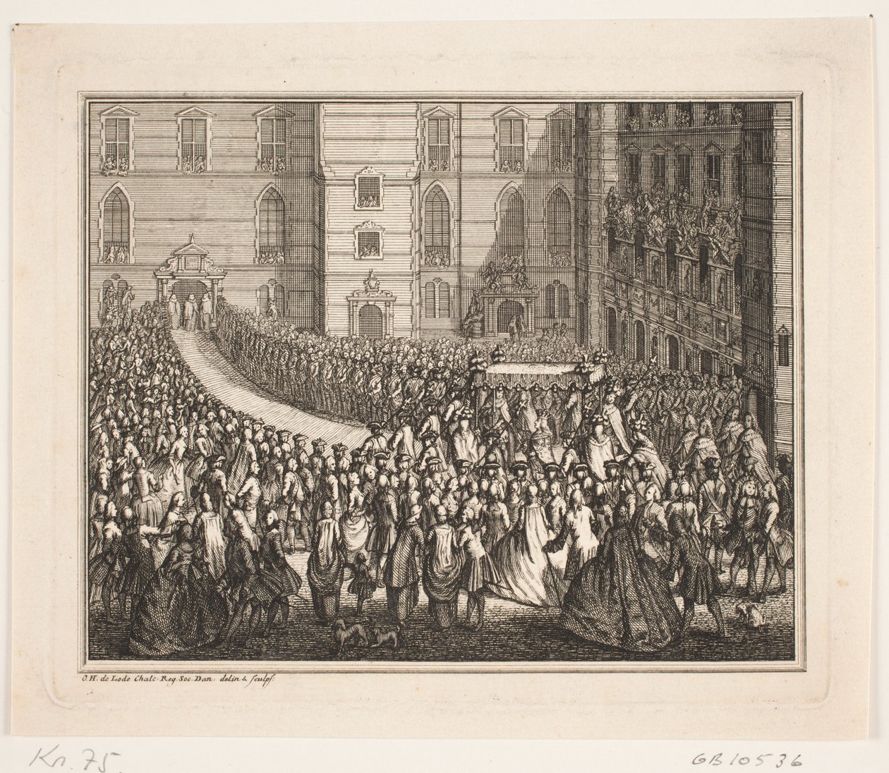 Rey Federico V en procesión a la ceremonia de unción en la iglesia del castillo de Frederiksborg. Ilustración para el acto de unción de Federico IV de Odvardt Helmoldt de Lode
