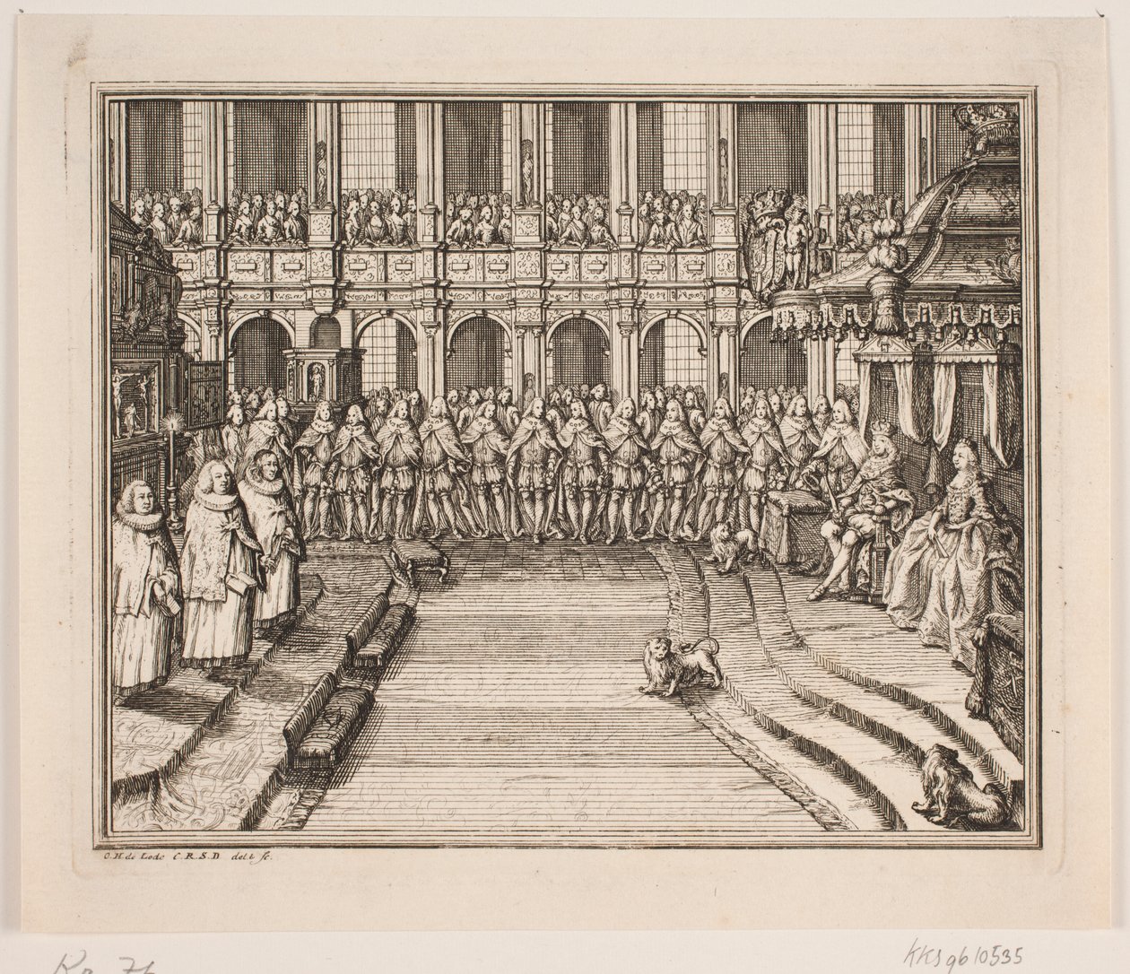 El rey Federico V y la reina Luisa durante la ceremonia de unción en la iglesia del castillo de Frederiksborg. Ilustración para el acto de unción de Federico IV de Odvardt Helmoldt de Lode