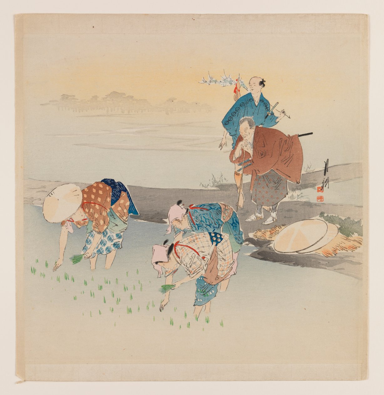Hombre y mujer plantando arroz, c.1890-1910 de Ogata Gekko
