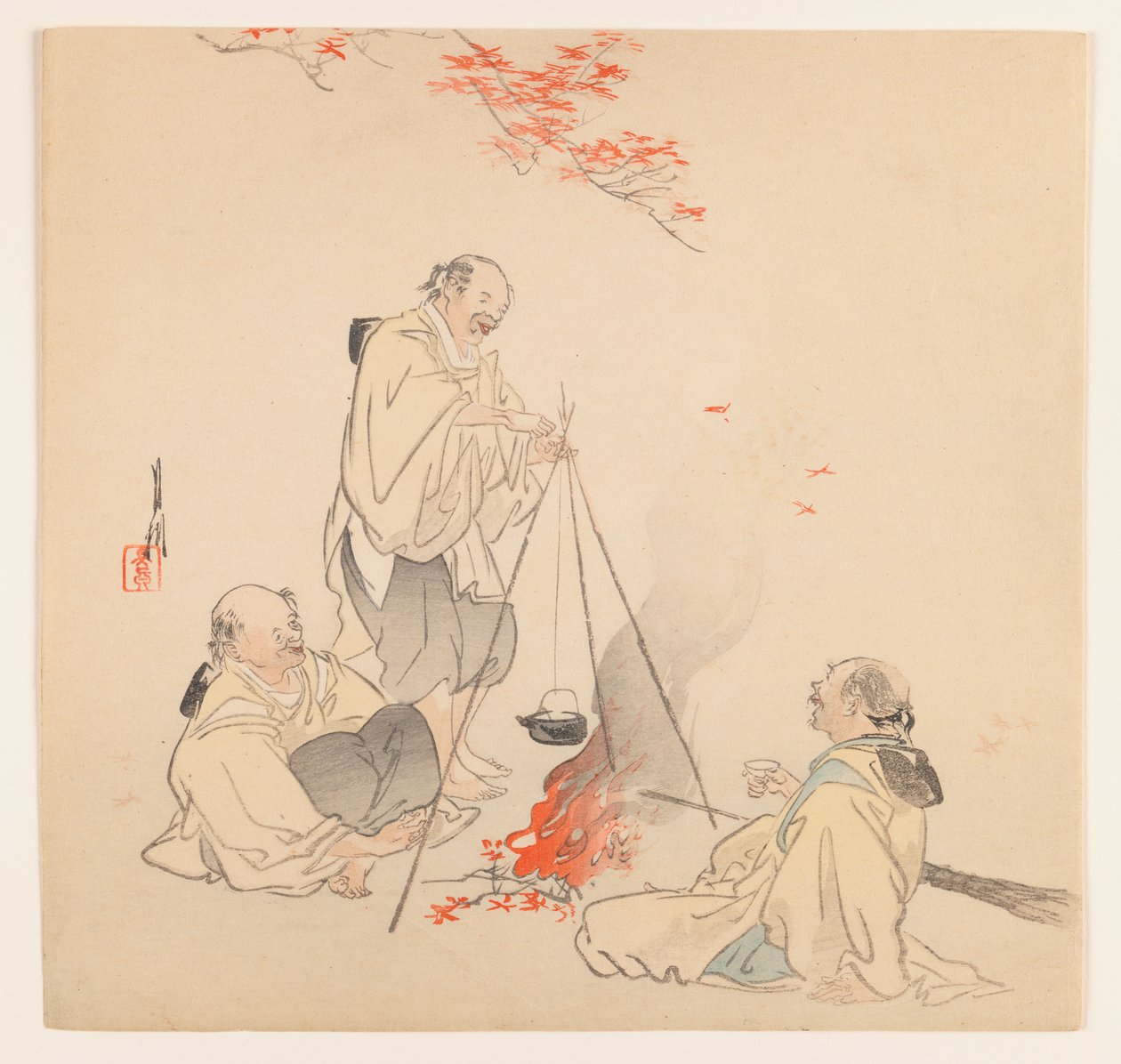Hombres junto al fuego en otoño, c.1890-1910 de Ogata Gekko