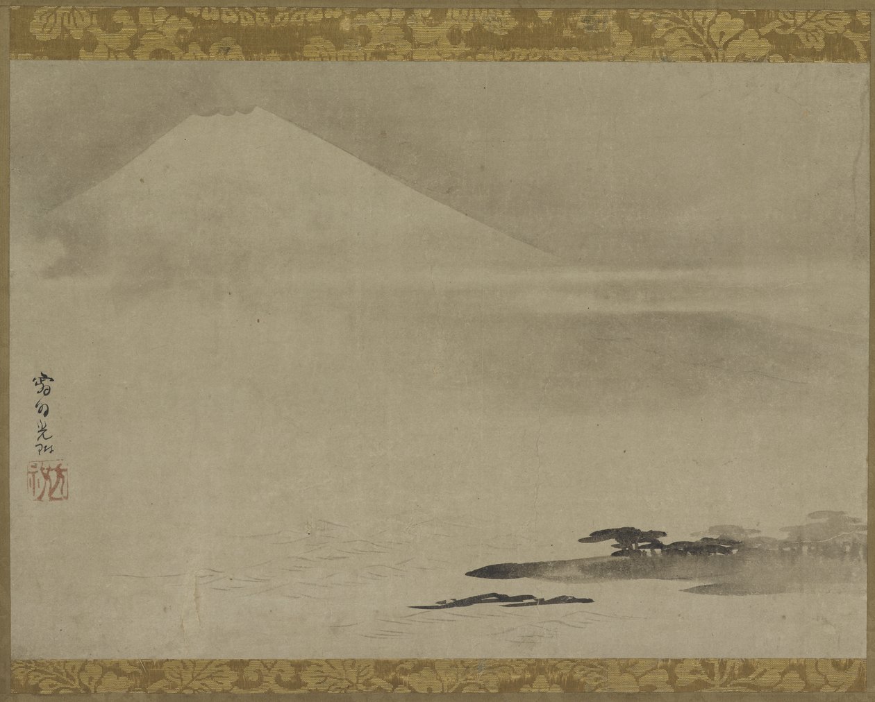 Paisaje: Monte Fuji desde el mar, Pergamino colgante (montado en panel), finales del siglo XVII-principios del siglo XVIII de Ogata Korin
