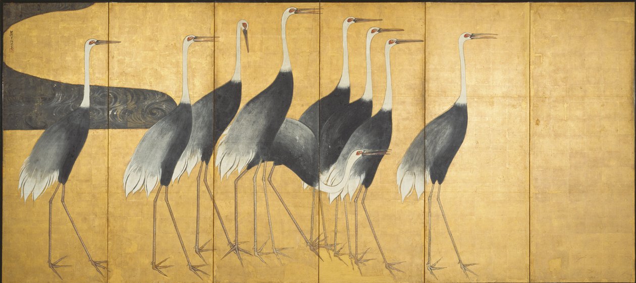 Pantalla de seis paneles que representa grullas, Período Edo de Ogata Korin