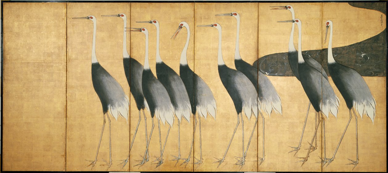 Biombo de seis paneles que representa grullas, período Edo (tinta, color, oro y plata sobre papel) de Ogata Korin