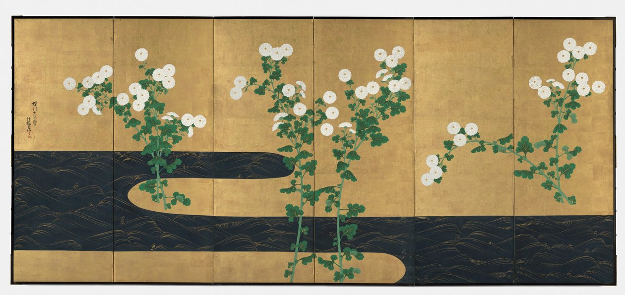 Crisantemos junto a un arroyo, par de biombos de seis paneles, finales del siglo XVIII-principios del XIX (tinta y color sobre papel dorado) de Ogata (follower of) Korin
