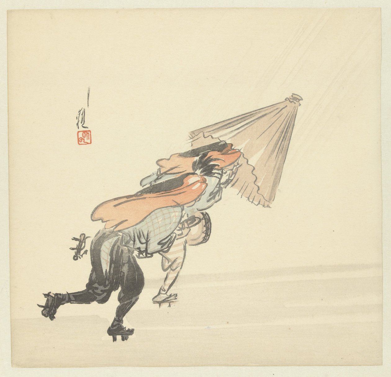 Dos músicos corriendo bajo la lluvia de Ogata Gekko