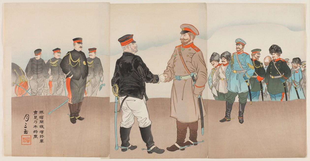 El levantamiento del sitio de Port Arthur: Reunión del General Stossel con el General Nogi de Ogata Gessan