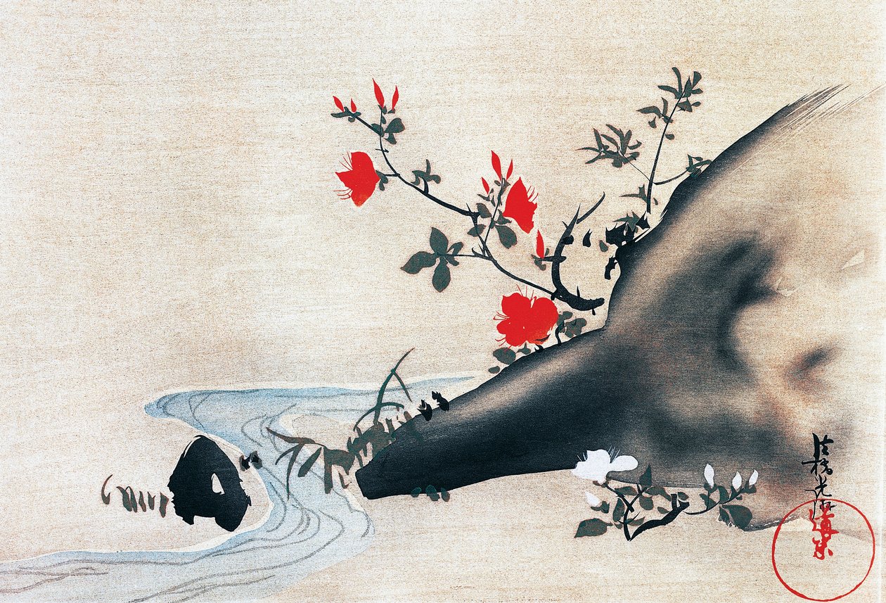 Azaleas y arroyo, kakemonos (rollos colgantes) pintados en seda por Korin Ogata, Período Edo, Japón de Ogata Korin