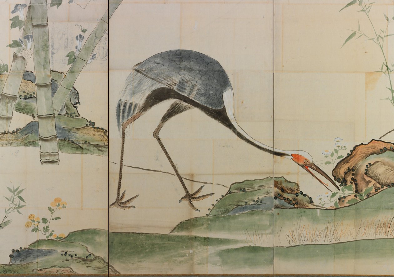 Grullas, pinos y bambú, siglo XVII, par de biombos plegables de Ogata Korin