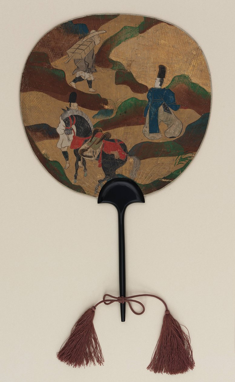 Abanico; de un lado Narihira y el peregrino; del otro, crisantemos y un arroyo, período Edo, finales del siglo XVII - principios del XVIII de Ogata Korin