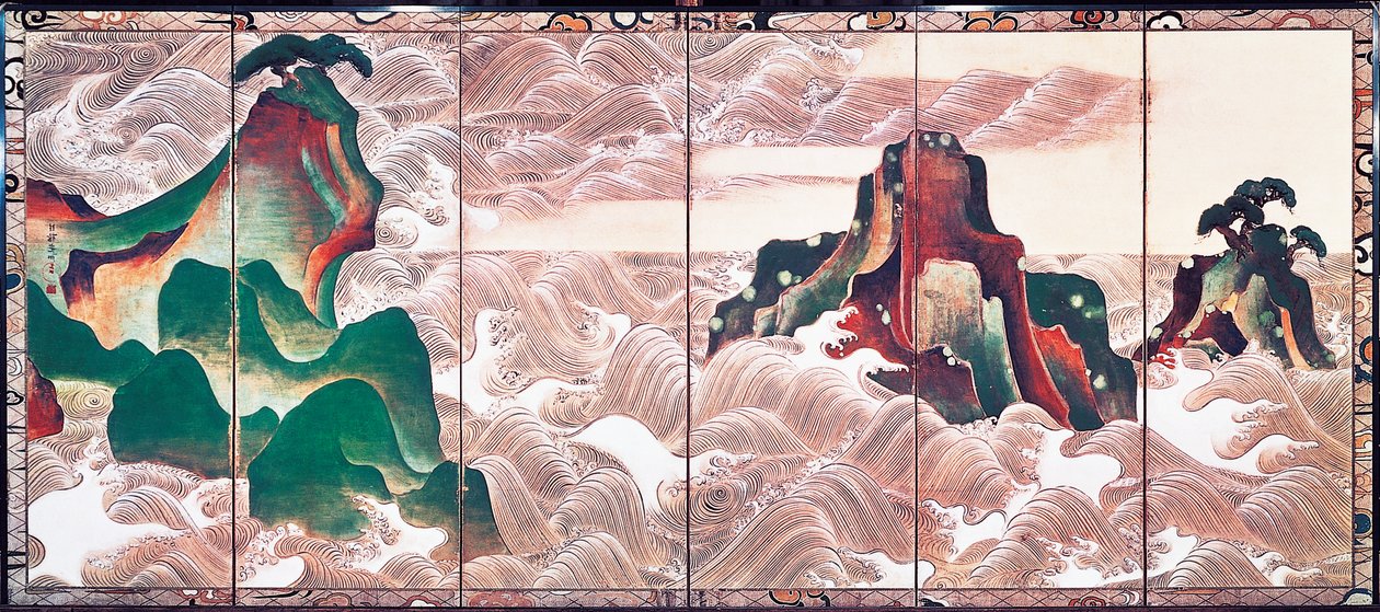 Olas en Matsushima, biombo con seis paneles por Korin Ogata (1658-1716) de Ogata Korin