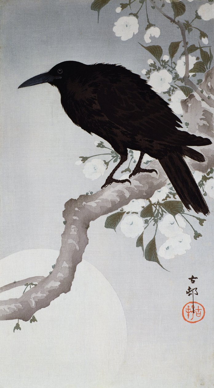 Un pájaro negro en una rama a la luz de la luna de Ohara Koson