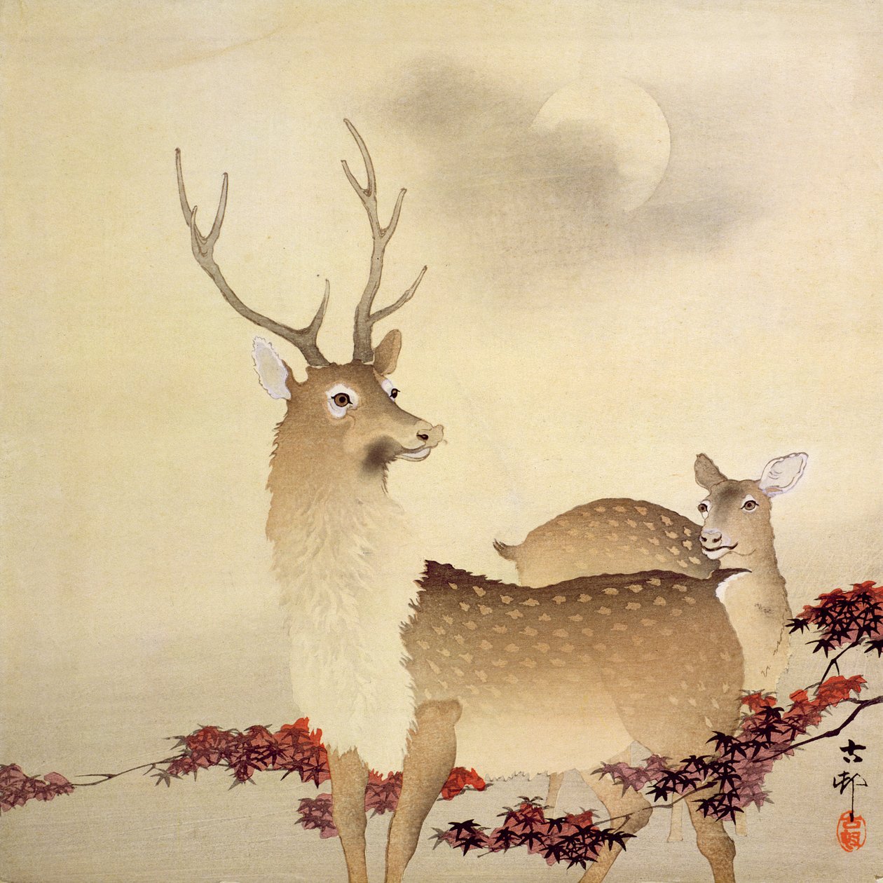 Un ciervo y su cría bajo la luna, c.1930 de Ohara Koson