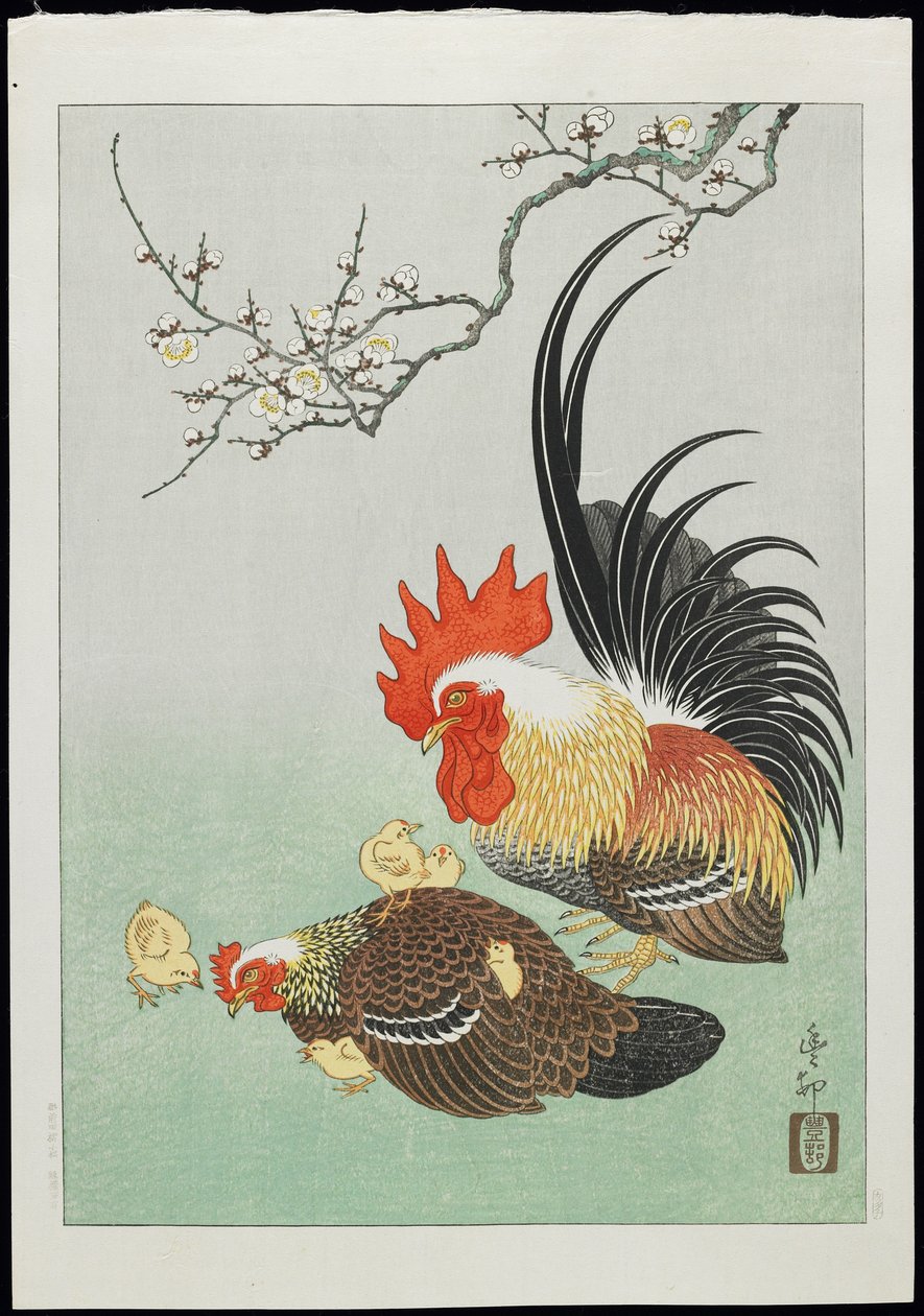 Gallo y gallina con pollitos, años 1930 de Ohara Koson