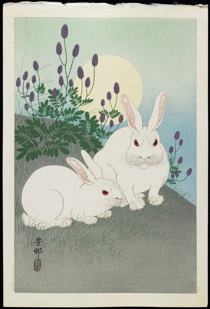 Dos conejos blancos bajo una luna llena, años 1930 de Ohara Koson