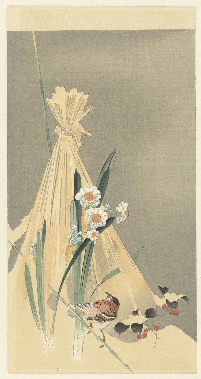 Pájaro cantor en fardo de heno de Ohara Koson (attributed to)