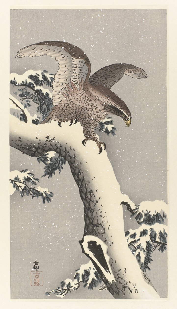 Águila en pino nevado de Ohara Koson