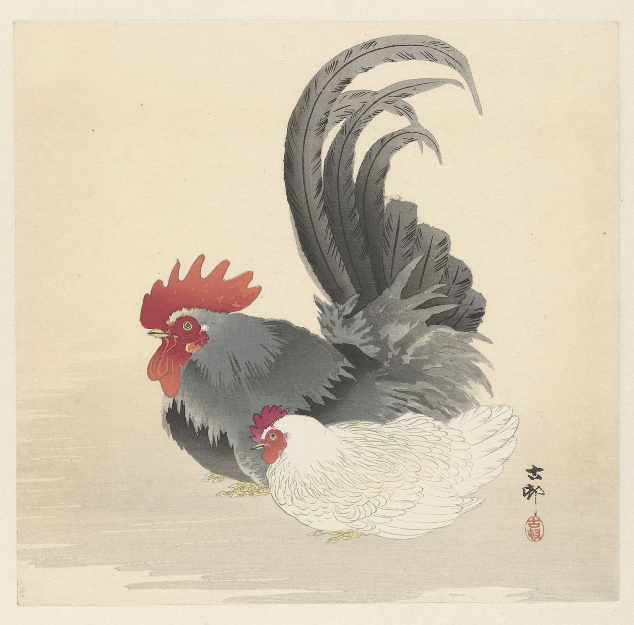 Pollo y gallo de Ohara Koson