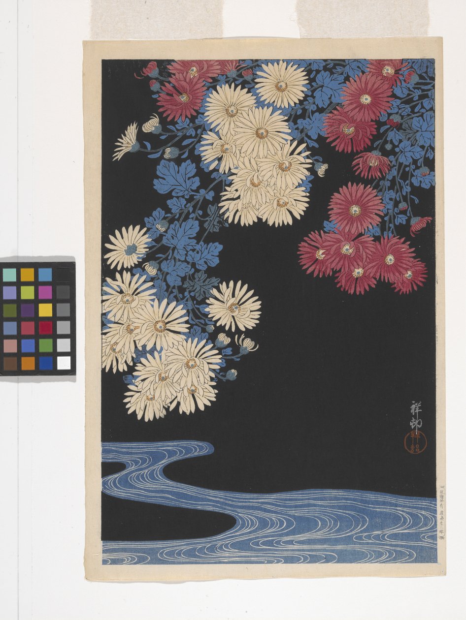 Crisantemos y arroyo (xilografía en color) de Ohara Koson