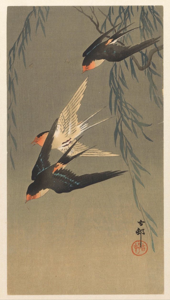 Tres golondrinas de rabadilla roja en picada de Ohara Koson