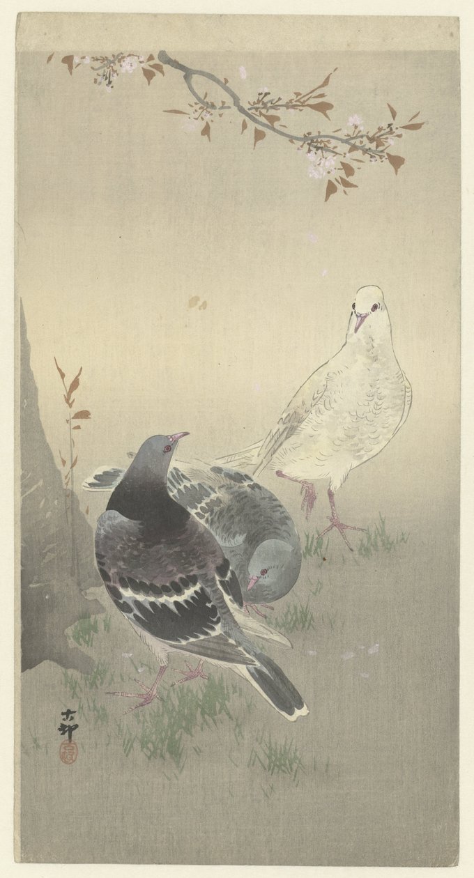 Tres palomas domesticadas de Ohara Koson