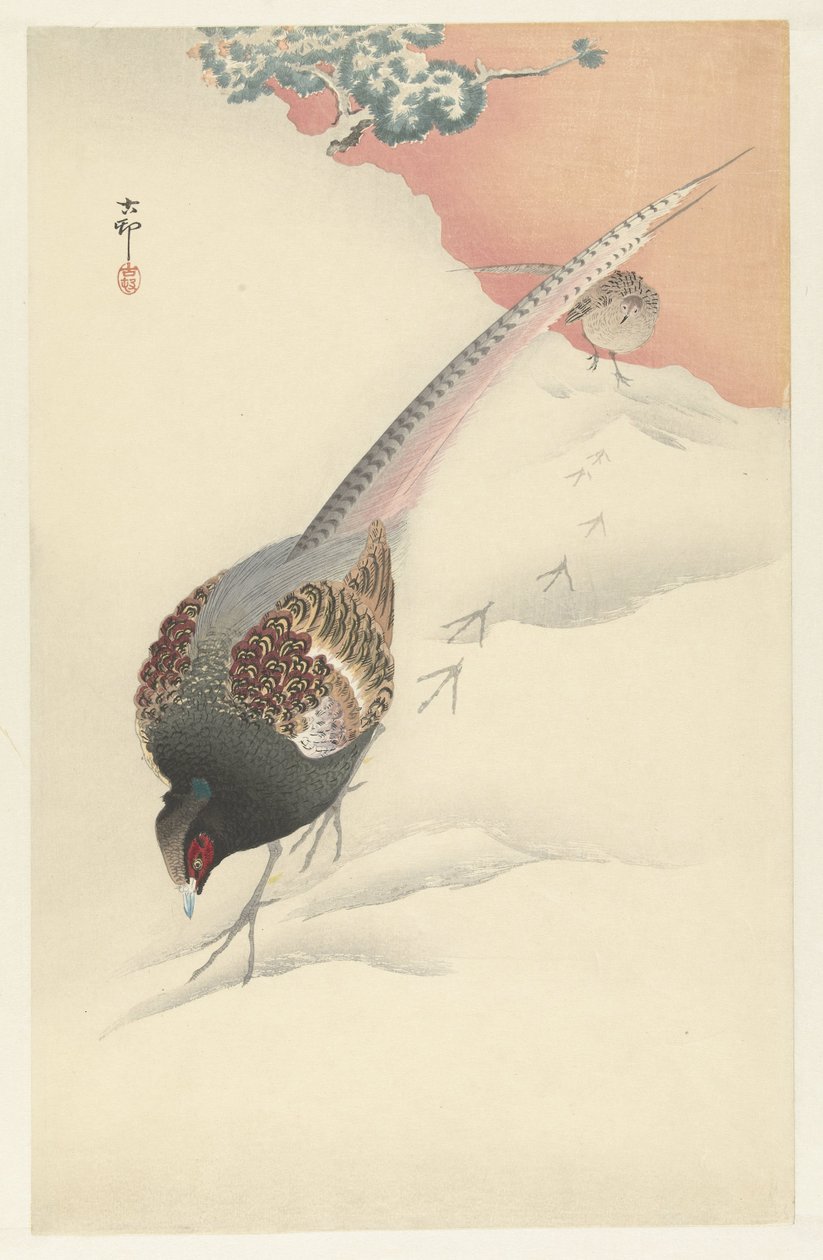 Pareja de faisanes en la nieve. de Ohara Koson