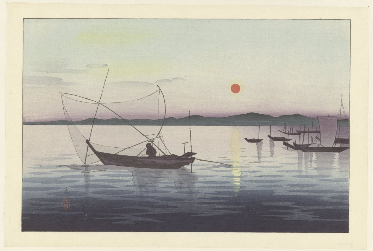 Barcos de pesca al atardecer de Ohara Koson