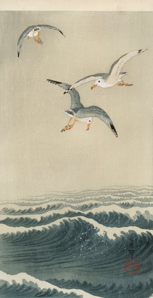 Gaviotas en el mar de Ohara Koson