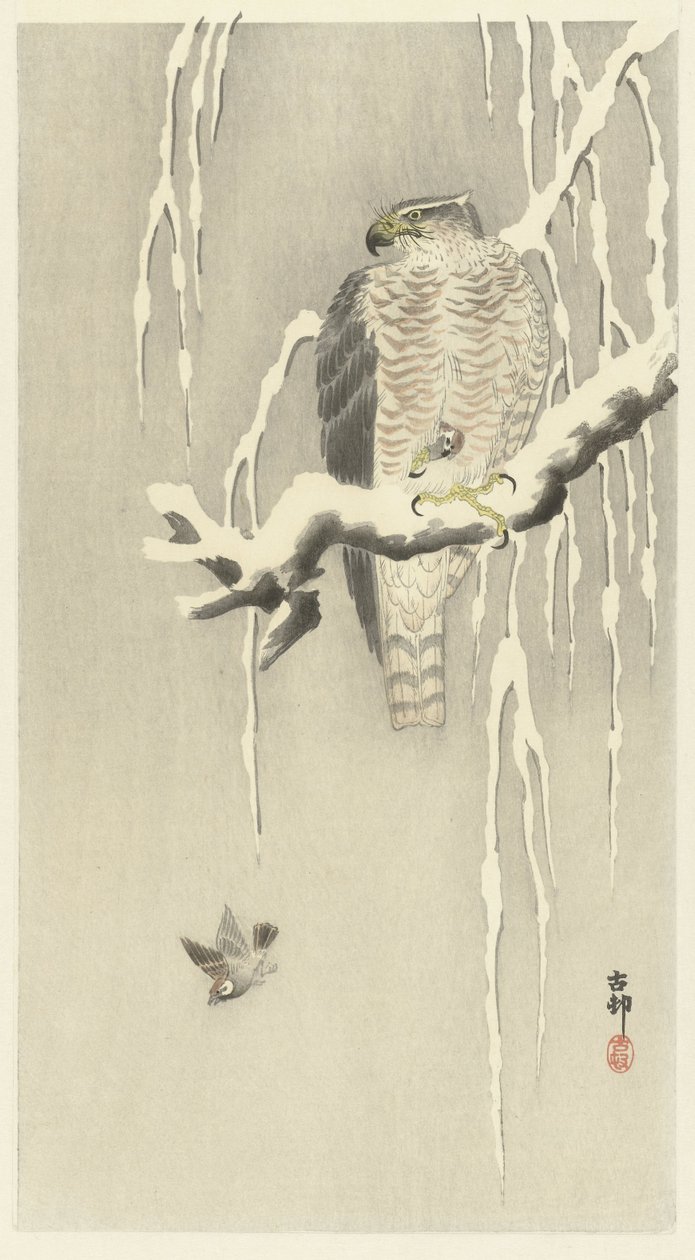 Halcón con gorrión cautivo. de Ohara Koson