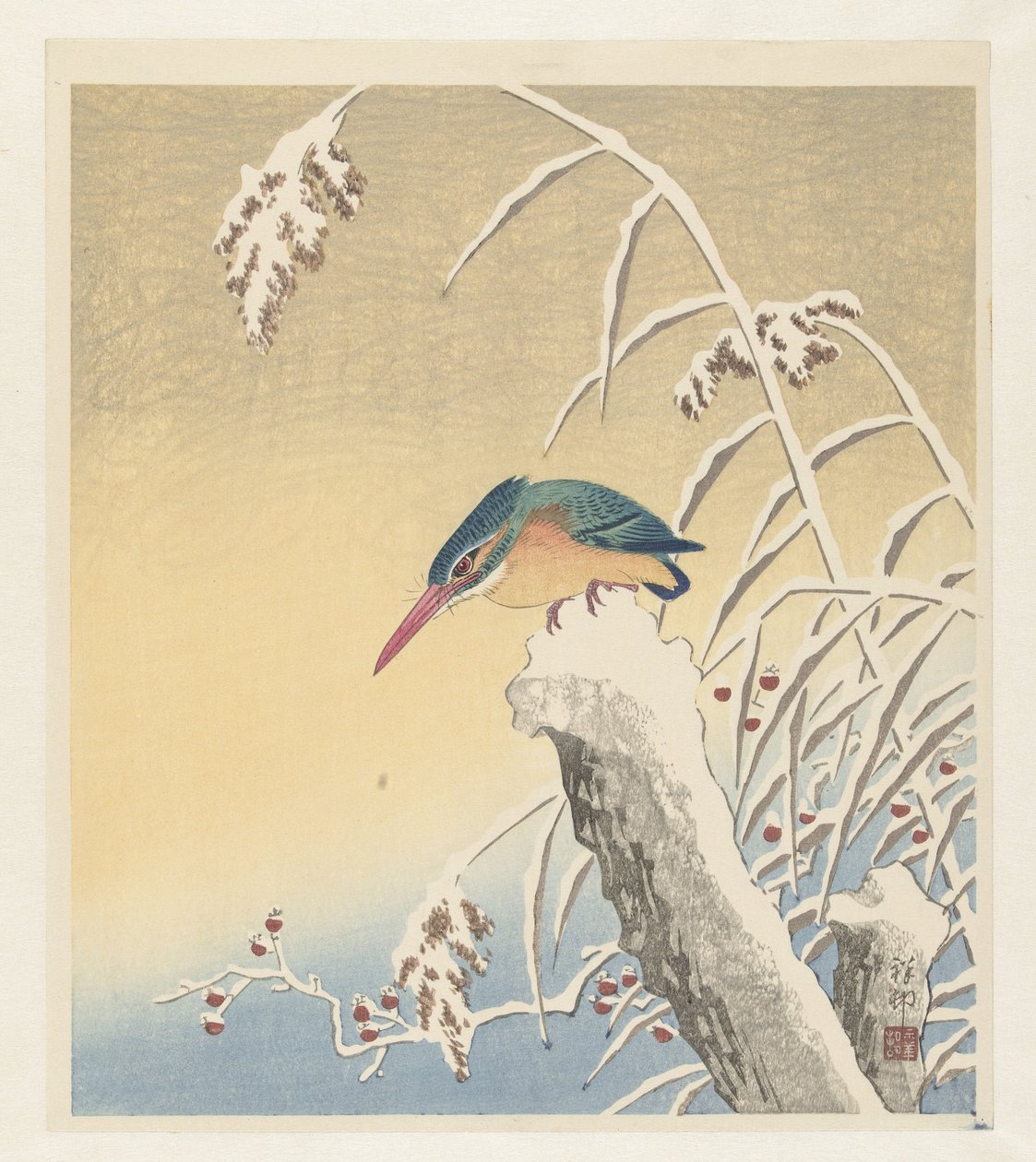 Martín pescador en la nieve de Ohara Koson