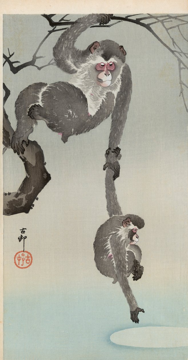 Mono y bebé alcanzando el reflejo de la luna de Ohara Koson