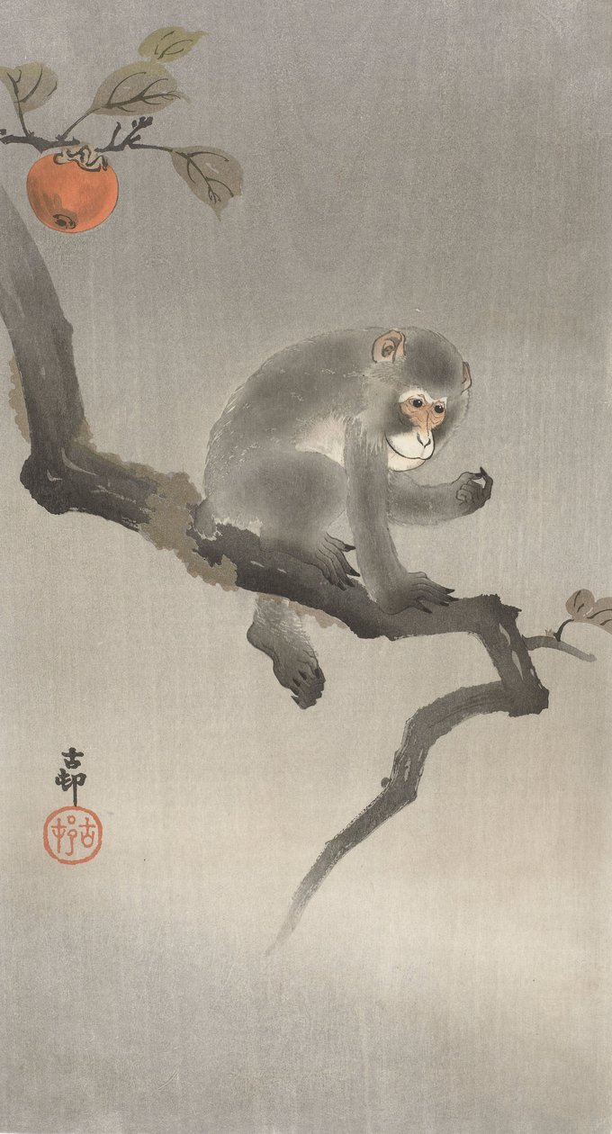 Mono en un árbol frutal de Ohara Koson
