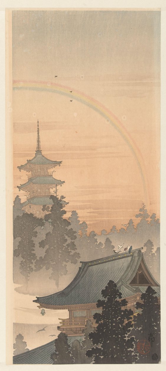 pagoda y arcoiris de Ohara Koson