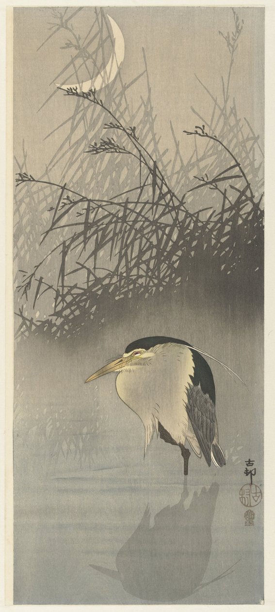 Garza en luna nueva de Ohara Koson
