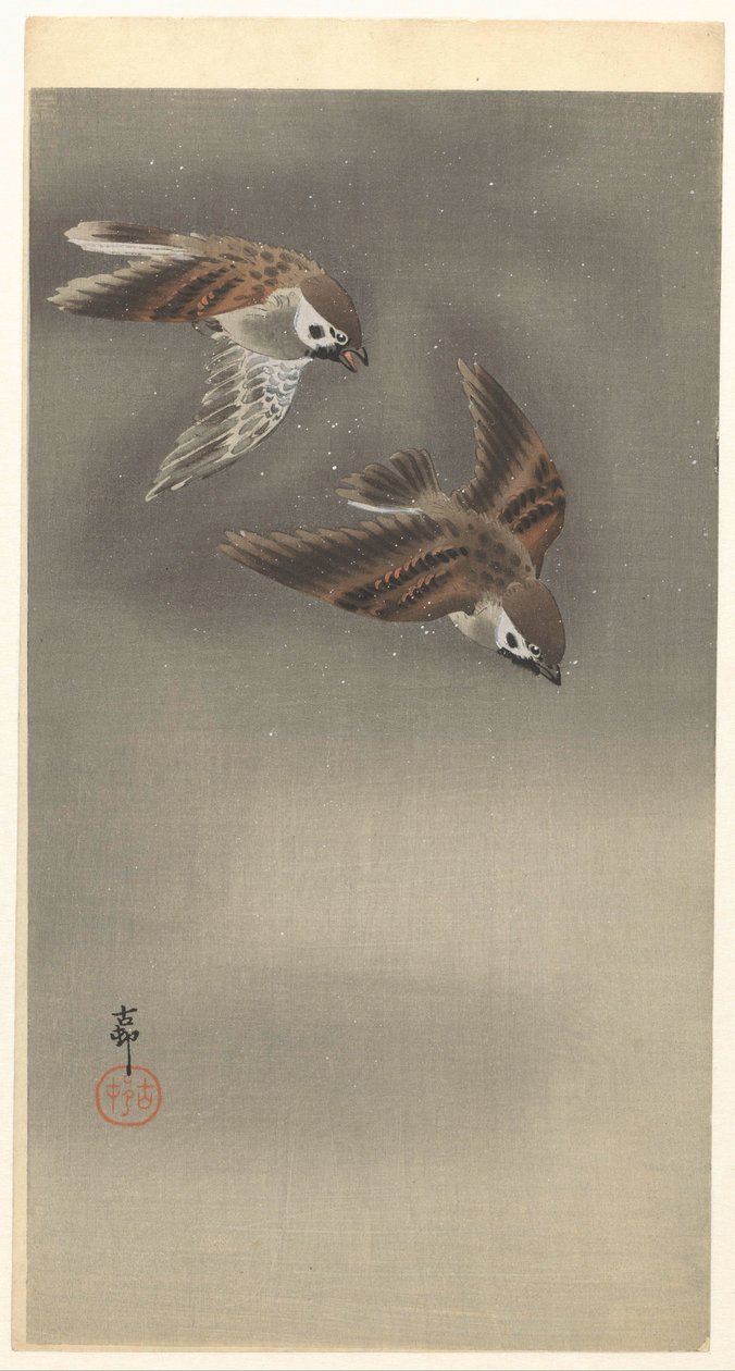 Gorriones anulares en la nieve de Ohara Koson