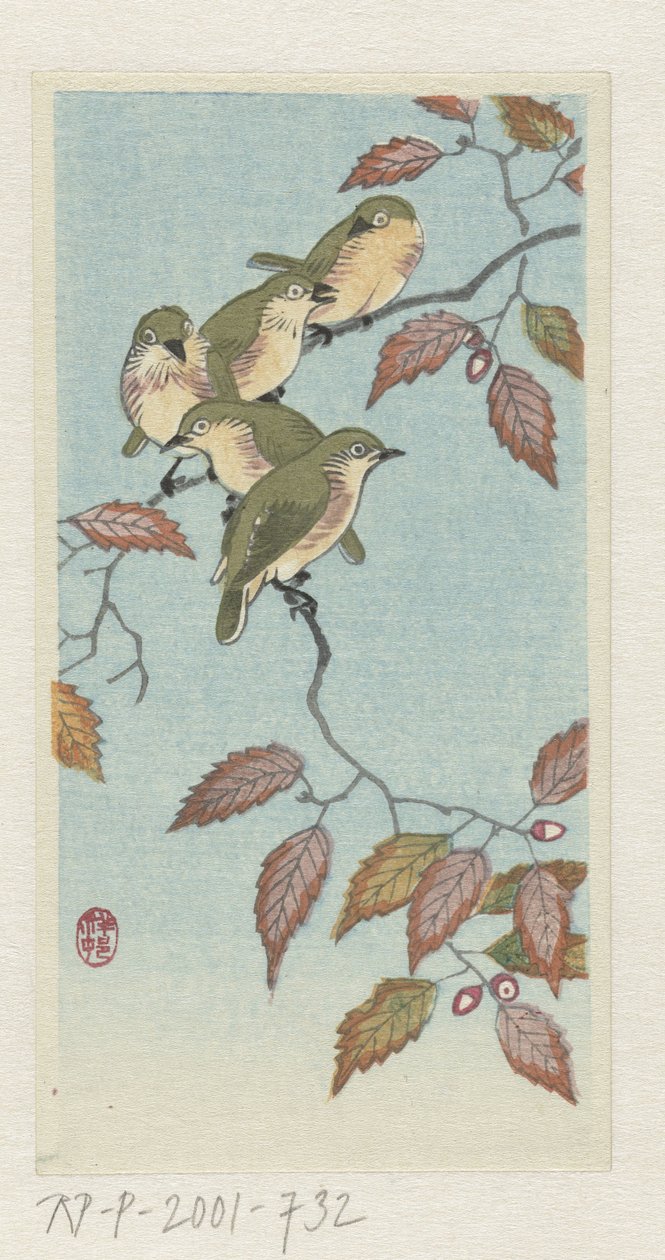 Pequeños pájaros en una ramita de Ohara Koson
