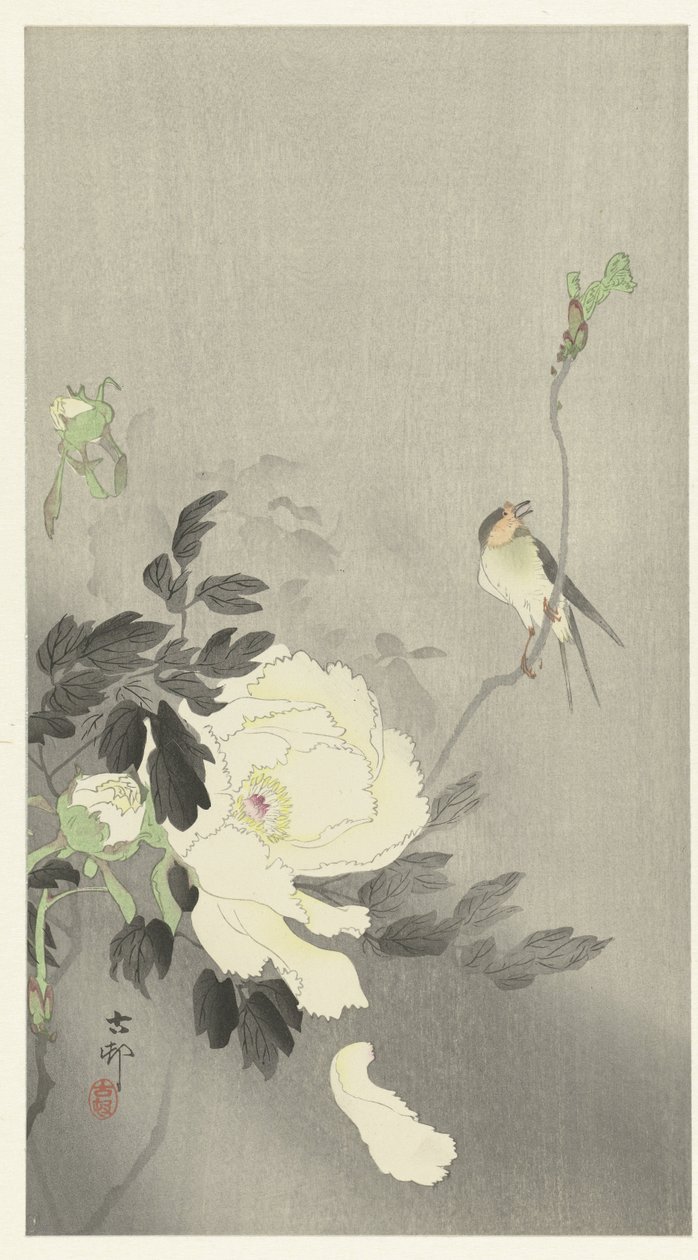 Golondrina con peonía de Ohara Koson
