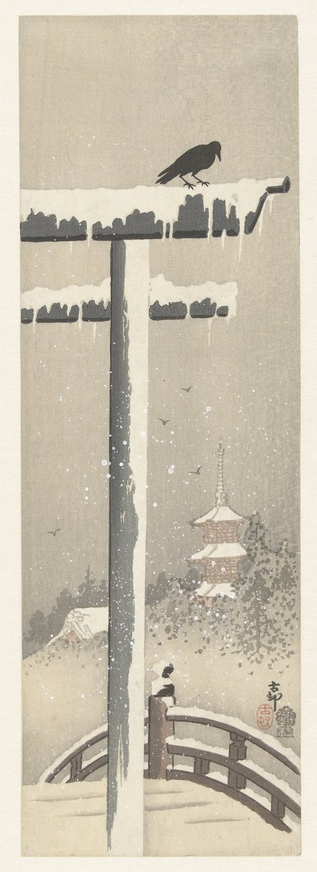 Torii en la nieve de Ohara Koson
