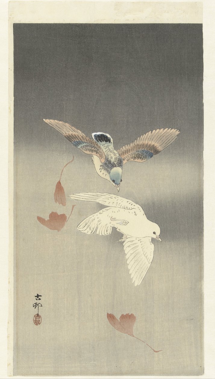 Dos palomas con hojas de ginkgo cayendo de Ohara Koson