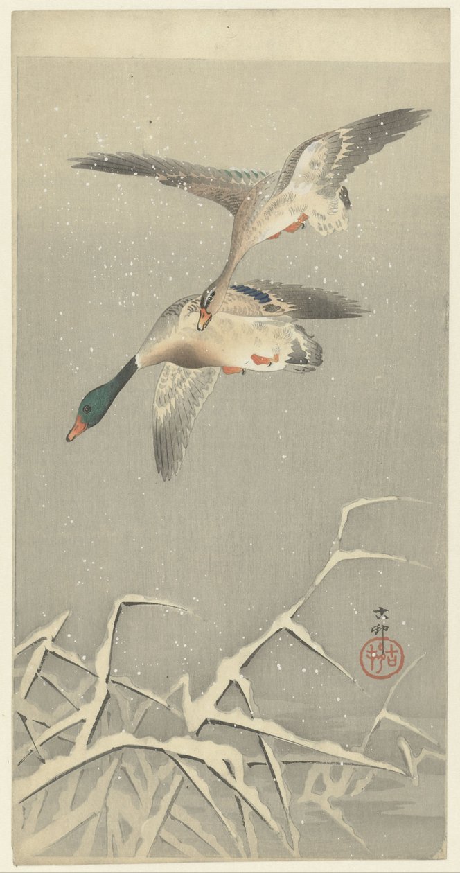 Dos patos salvajes en vuelo de Ohara Koson