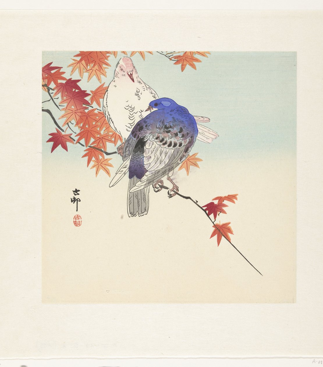 Dos palomas en una rama con hojas de otoño de Ohara Koson