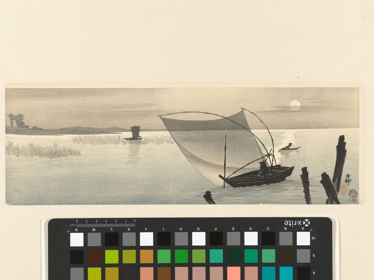 Barcos de pesca en luna llena de Ohara Koson