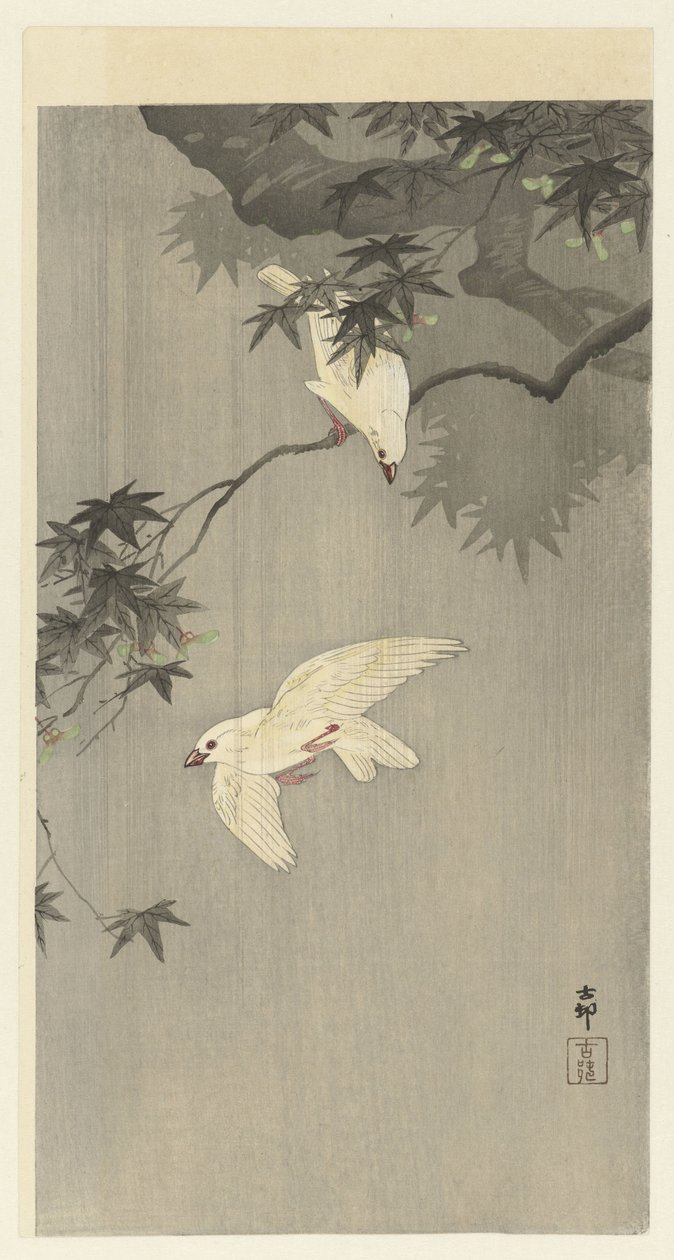 pájaros bajo la lluvia de Ohara Koson