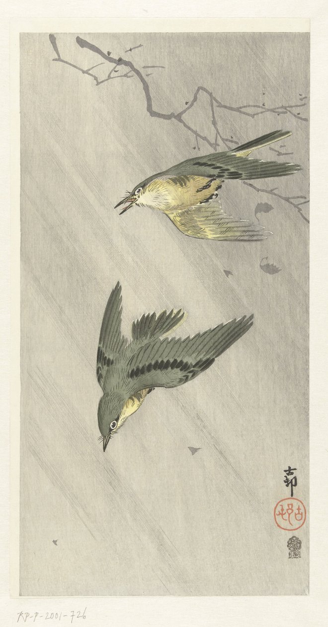 Pájaros cantores bajo la lluvia de Ohara Koson