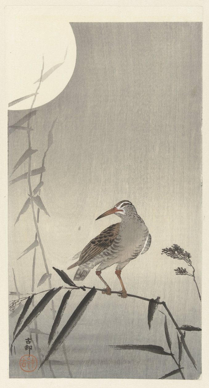 Jinete negro en rama de bambú de Ohara Koson